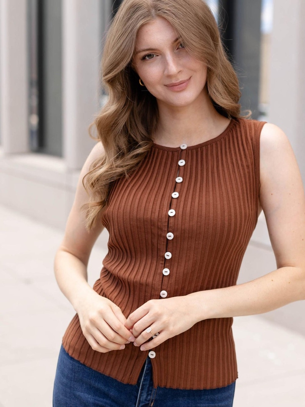 Free People The Tilly Vest Ribbed Button-Front Sleeveless Top - Honey Bronze Lg